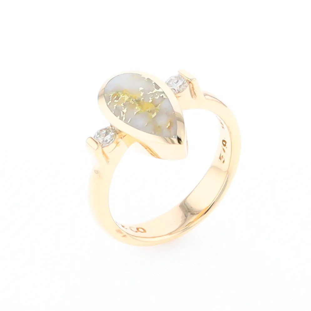 Gold Quartz Ring Pear Shape Inlaid with .18ctw Round Diamonds