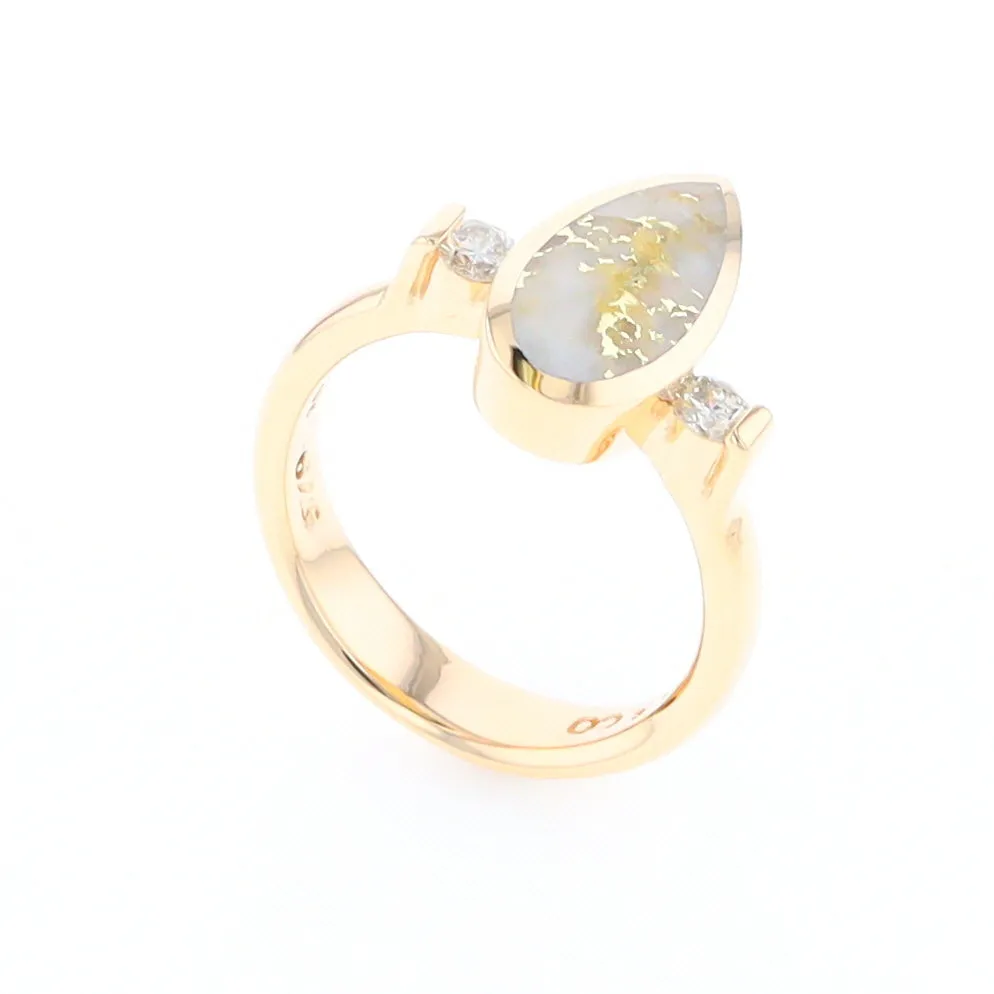 Gold Quartz Ring Pear Shape Inlaid with .18ctw Round Diamonds
