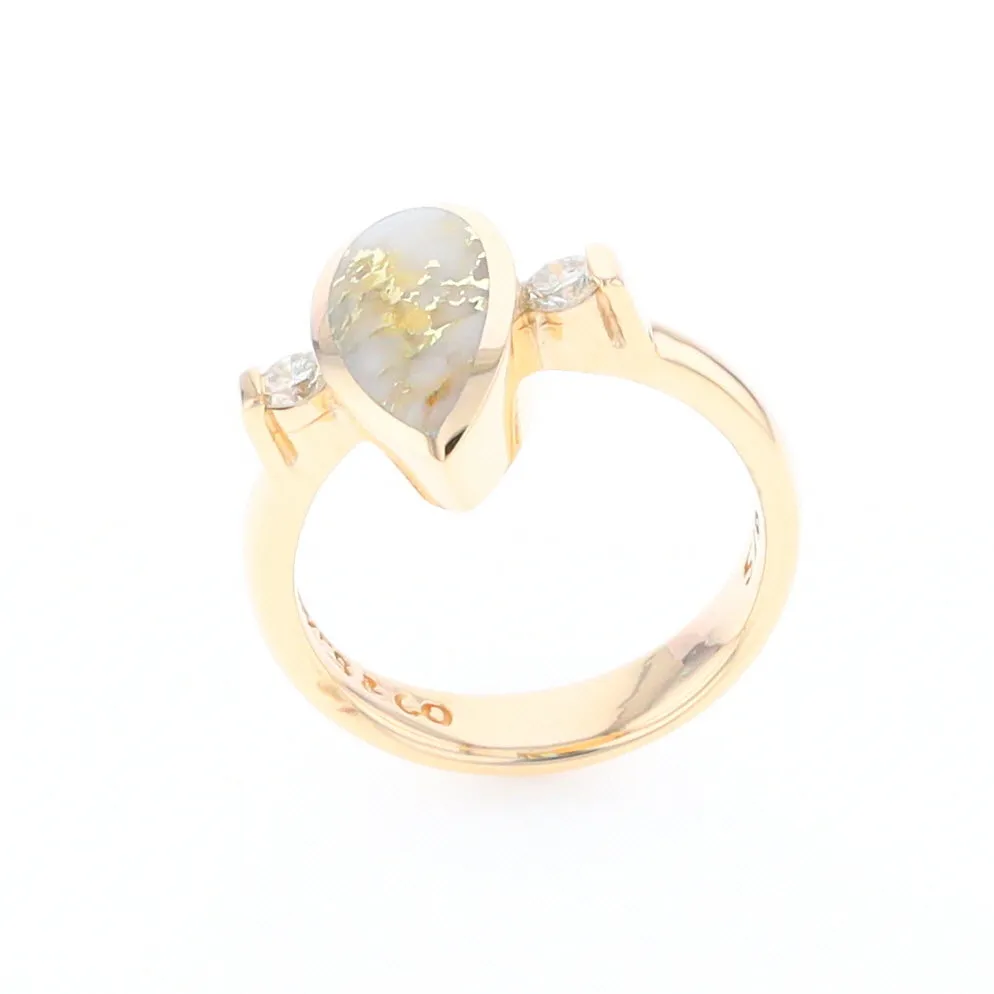 Gold Quartz Ring Pear Shape Inlaid with .18ctw Round Diamonds