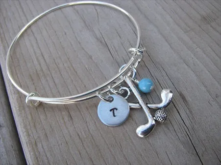 Golf Charm Bracelet- Adjustable Bangle Bracelet with an Initial Charm and Accent Bead of your choice