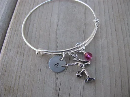 Gymnastics Charm Bracelet- Adjustable Bangle Bracelet with an Initial Charm and an Accent Bead in your choice of colors