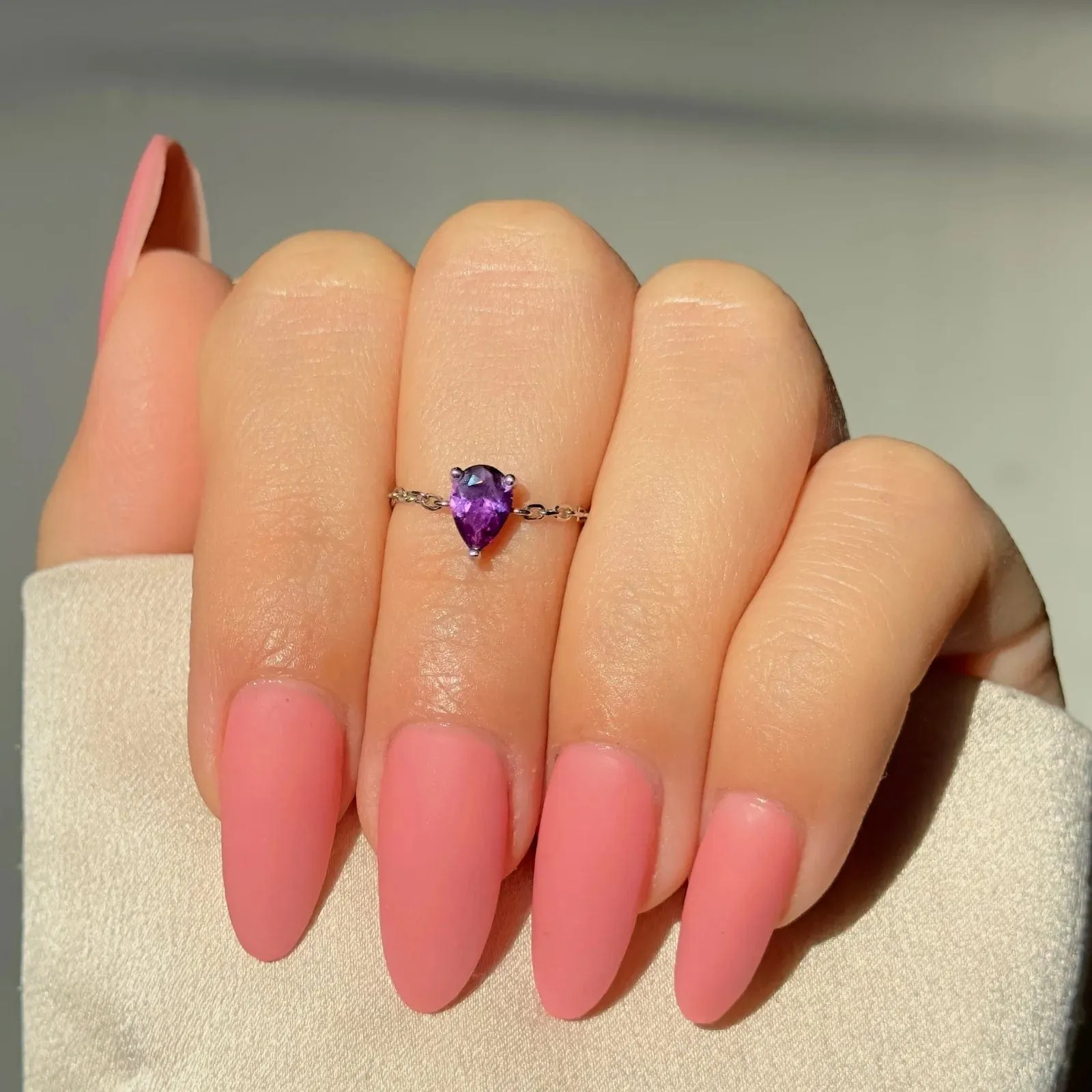 Hallmark Silver Drop Purple Amethyst Gold Plated Chain Ring