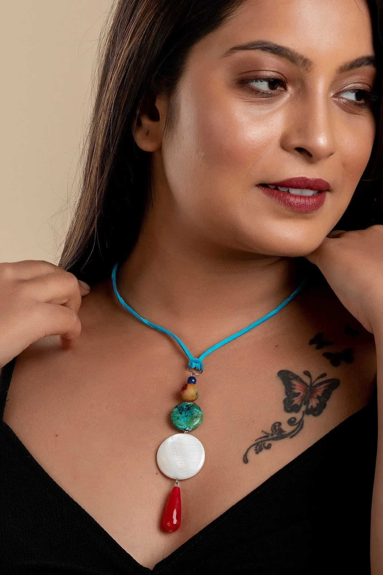 Handmade Jewelry With Mother Of Pearl, Designer Neckpiece Featuring Semi Precious Stones & Blue Suede Cord