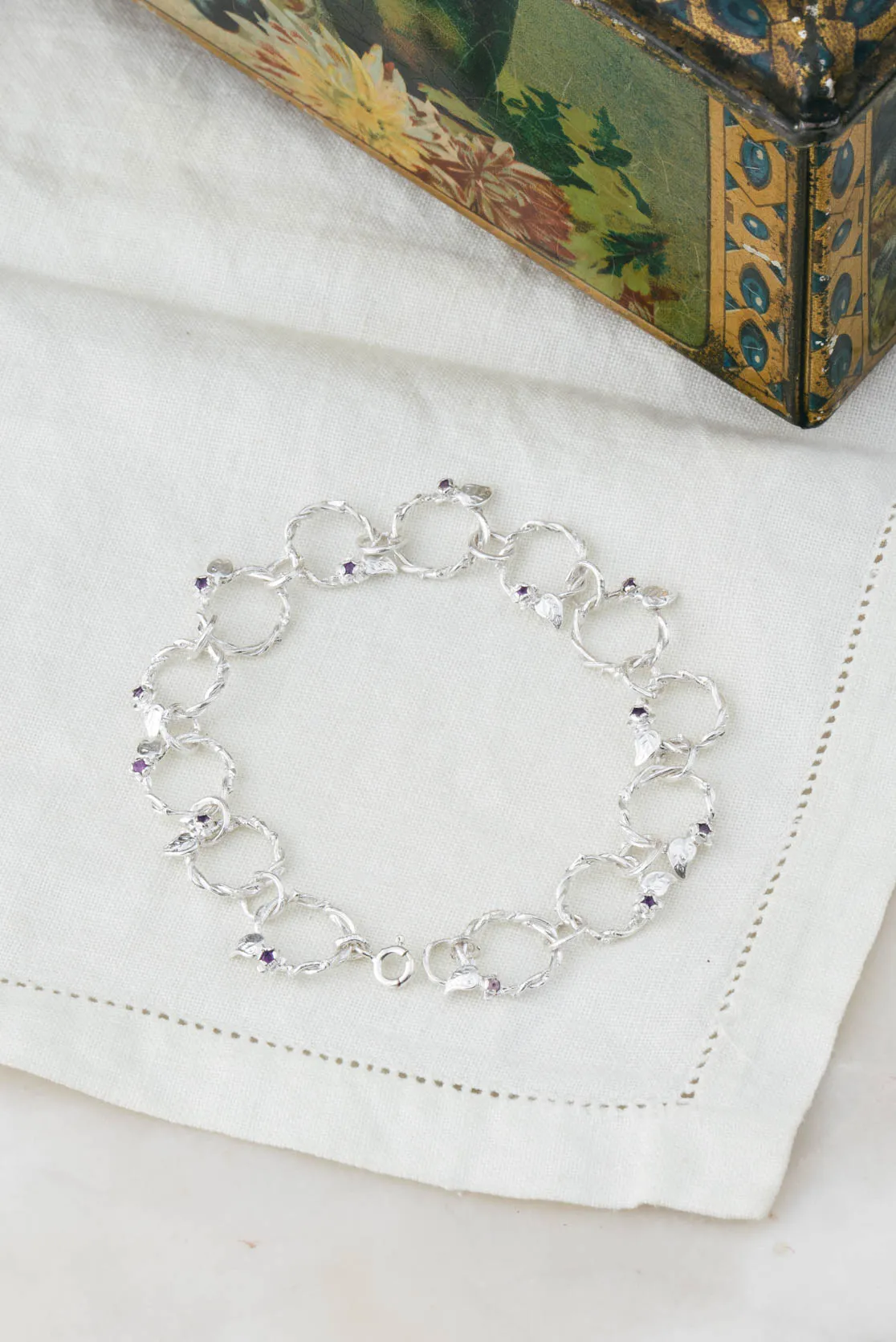 Handmade Solid Silver Twig Bracelet with Amethysts and Leaf Details