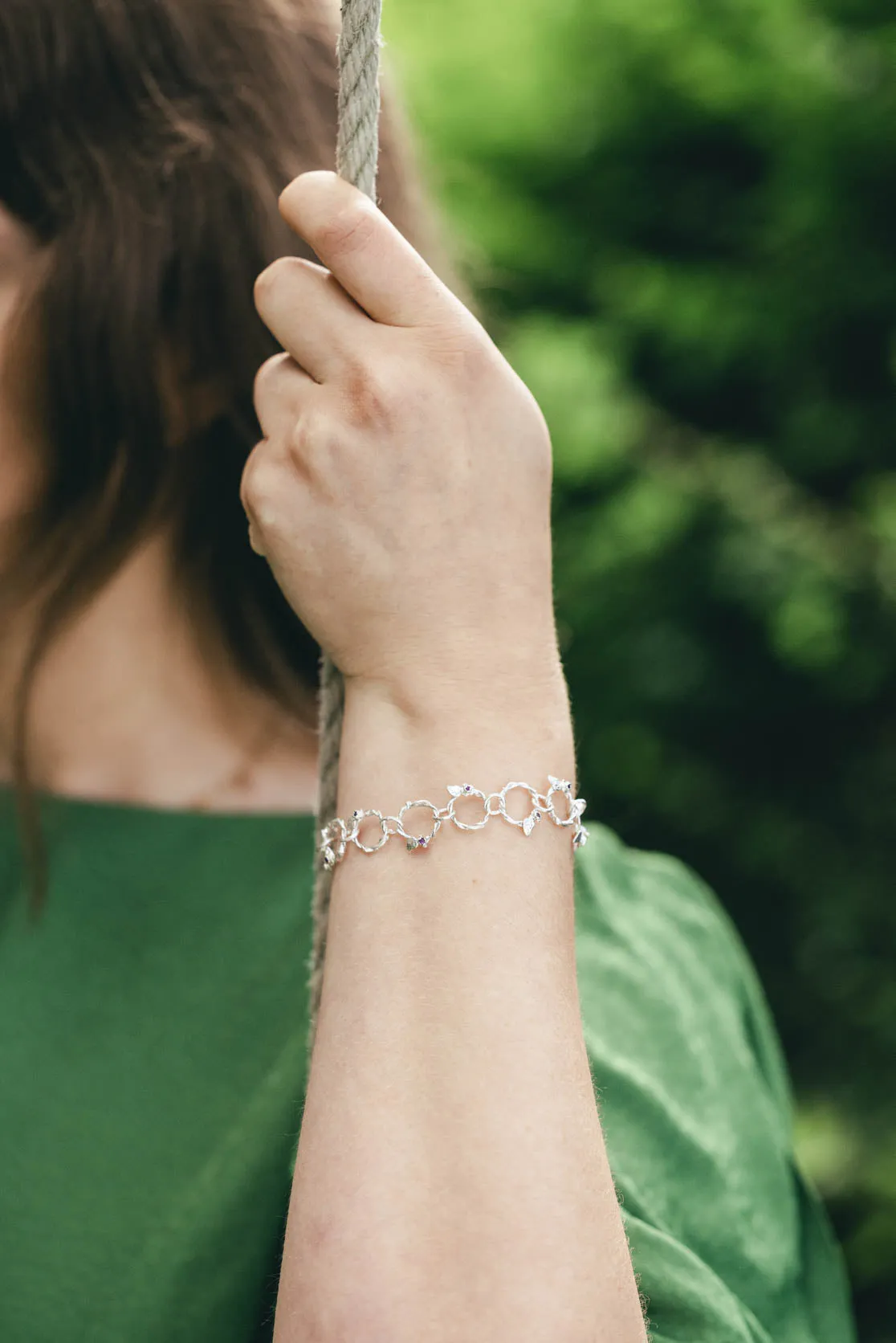 Handmade Solid Silver Twig Bracelet with Amethysts and Leaf Details