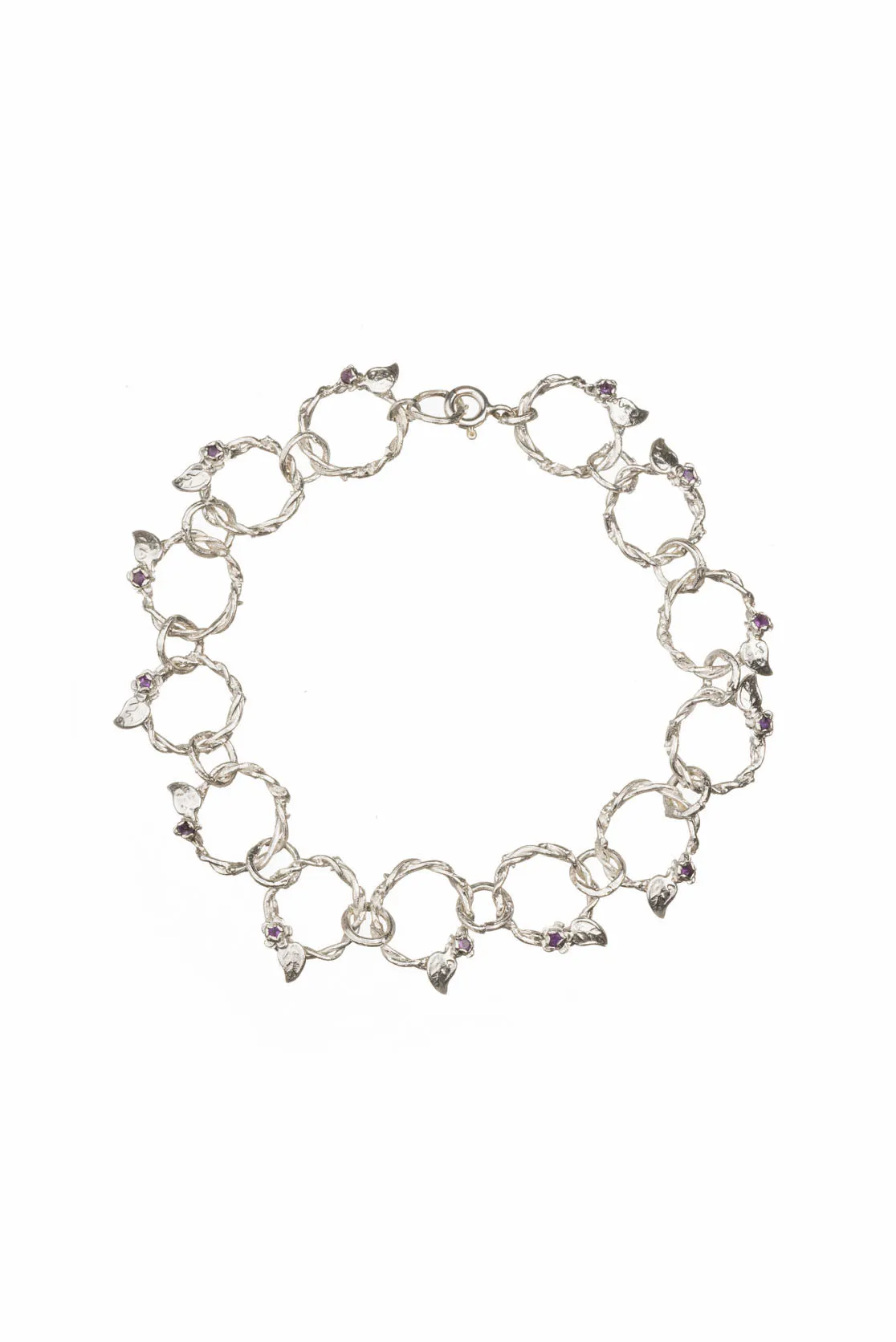 Handmade Solid Silver Twig Bracelet with Amethysts and Leaf Details