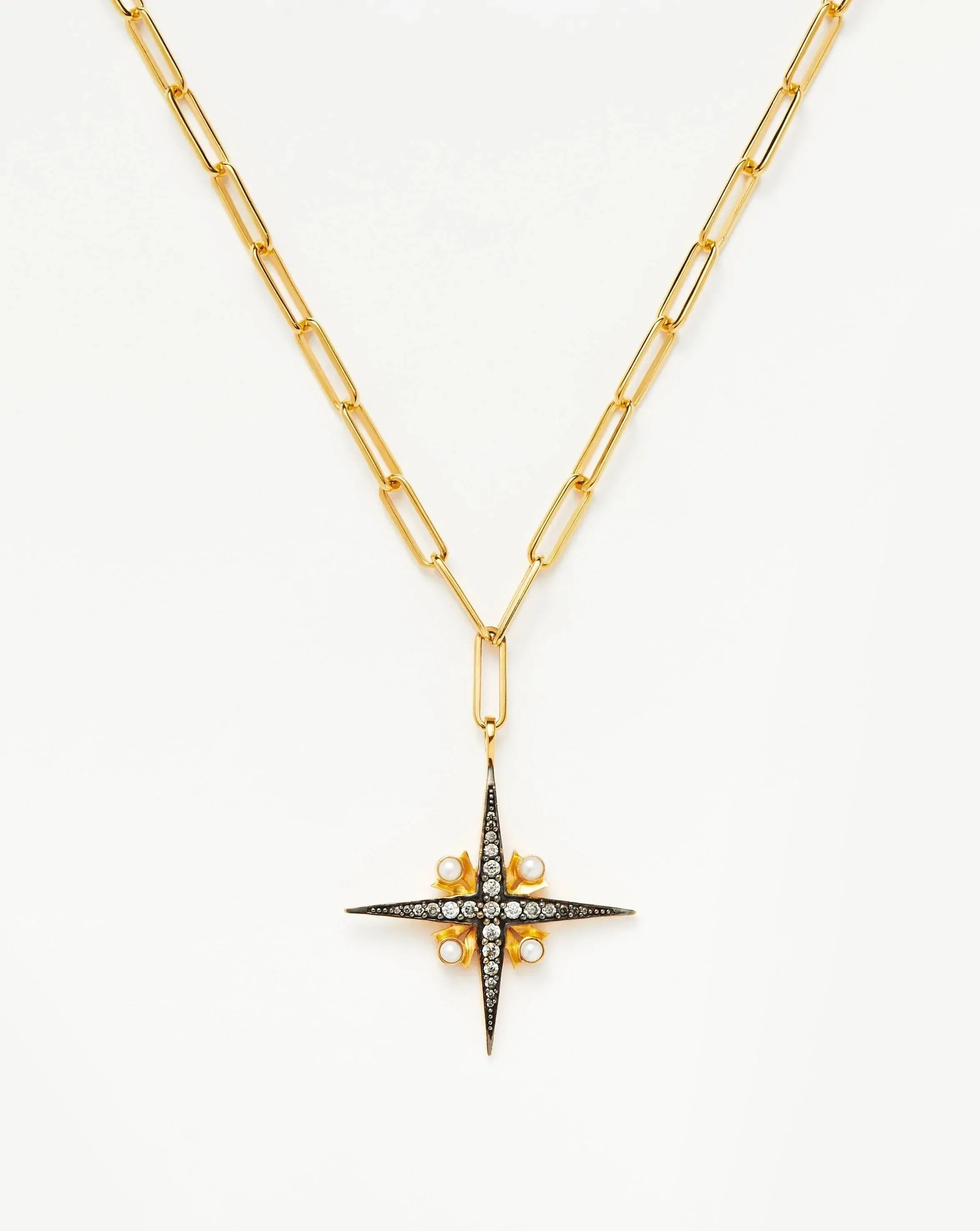 Harris Reed Large North Star Pearl Chain Necklace | 18k Gold Plated/Pearl