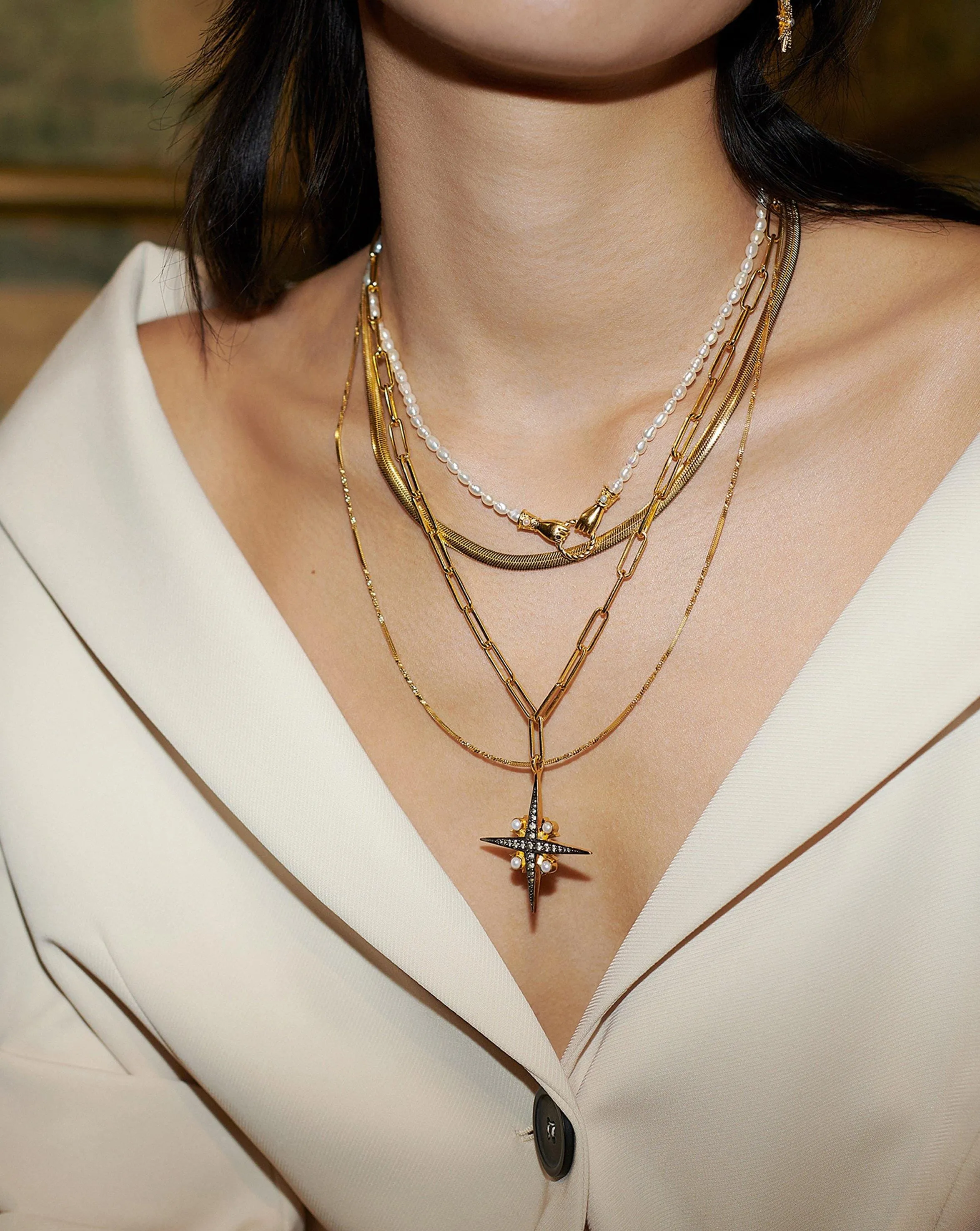 Harris Reed Large North Star Pearl Chain Necklace | 18k Gold Plated/Pearl