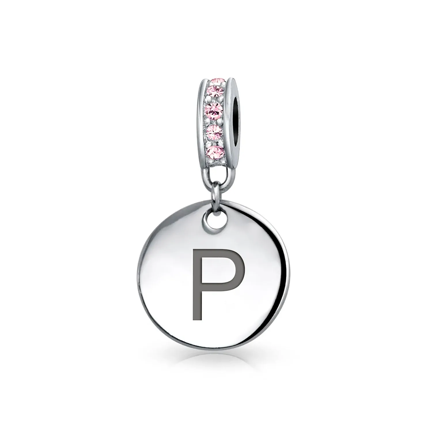 Initial Alphabet Bead Charm Pink Crystal Monogram Sterling Silver Bracelet