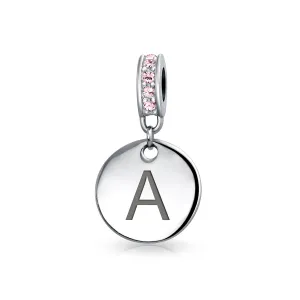 Initial Alphabet Bead Charm Pink Crystal Monogram Sterling Silver Bracelet