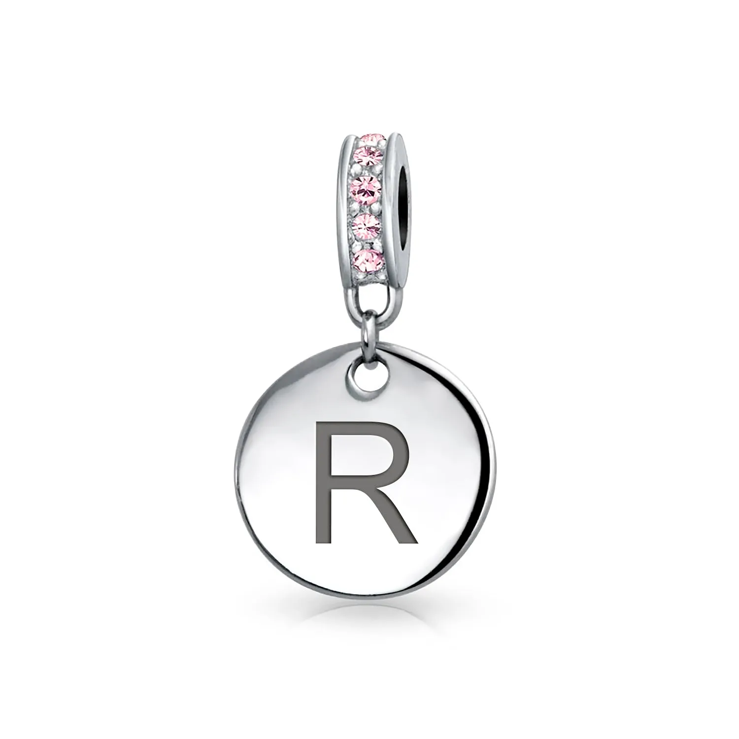 Initial Alphabet Bead Charm Pink Crystal Monogram Sterling Silver Bracelet