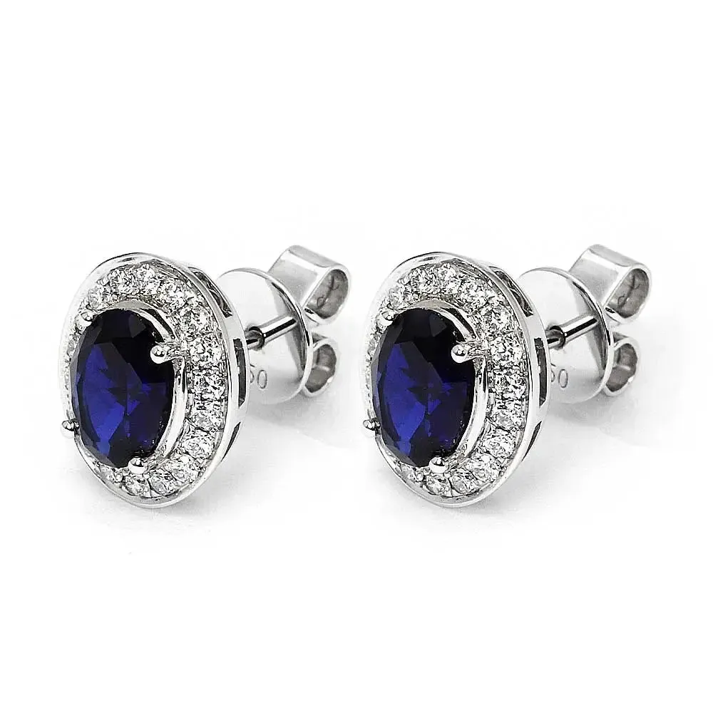 Intense Blue Oval Lab Grown Sapphire with Halo Stud Earrings in 18K White Gold