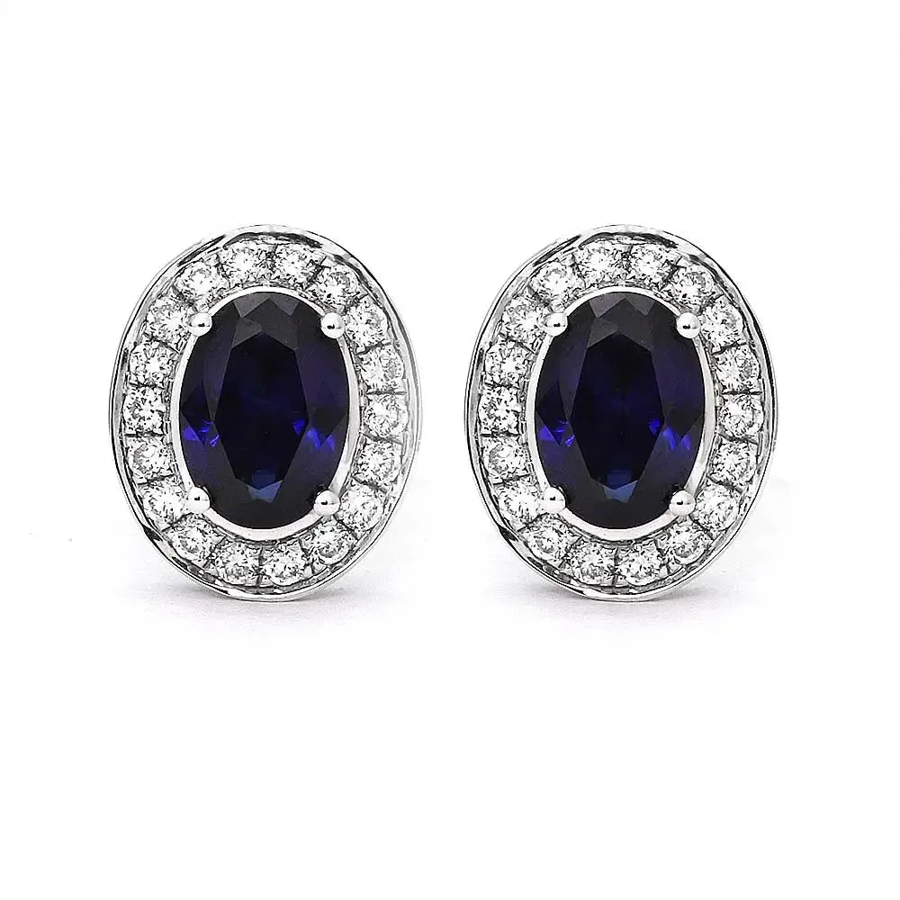 Intense Blue Oval Lab Grown Sapphire with Halo Stud Earrings in 18K White Gold