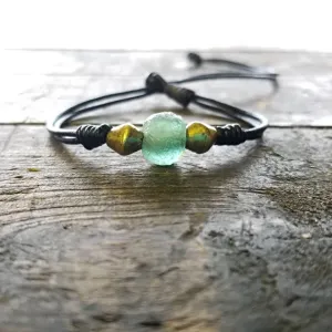 Jayla Leather Bracelet, African Recycled Glass & Mala Bead Bracelet