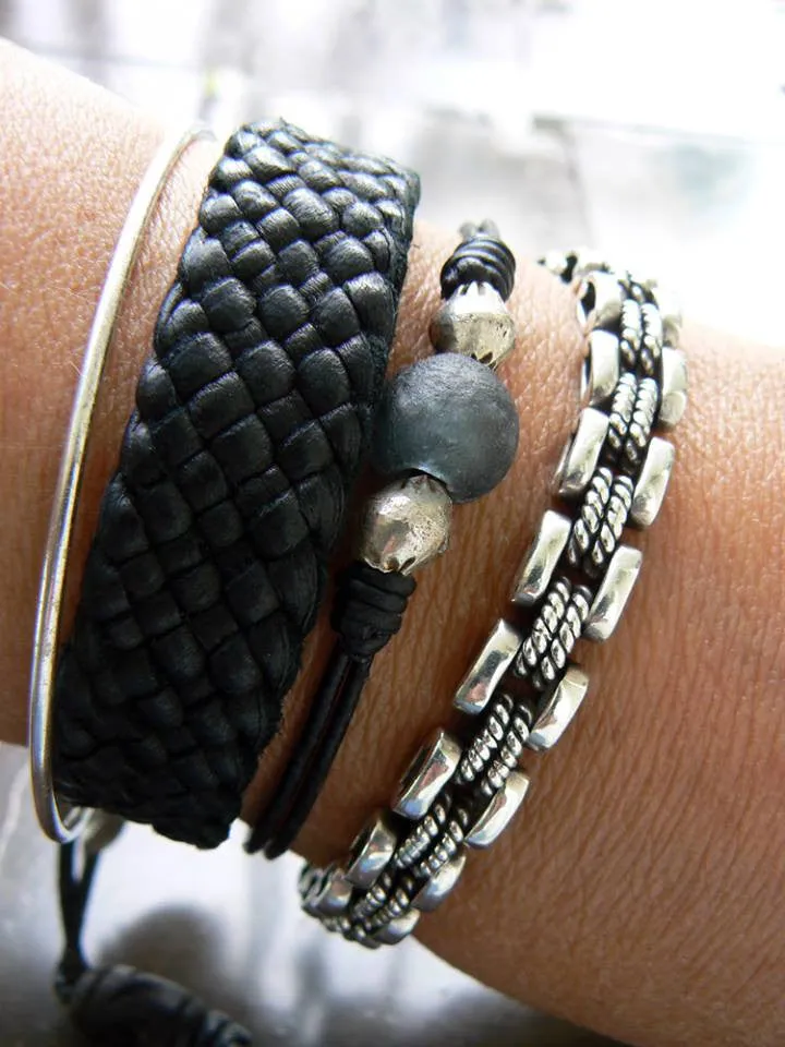 Jayla Leather Bracelet, African Recycled Glass & Mala Bead Bracelet