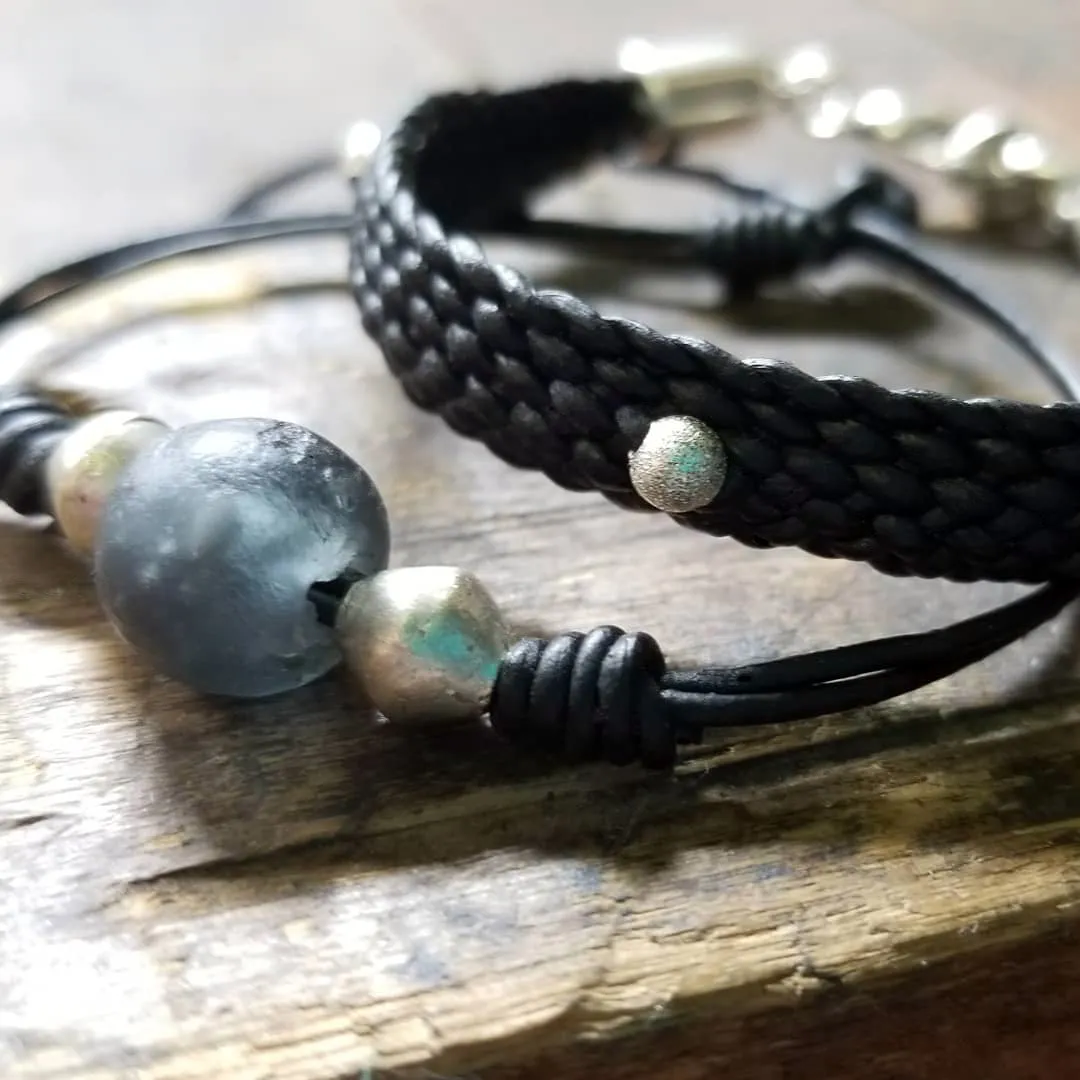 Jayla Leather Bracelet, African Recycled Glass & Mala Bead Bracelet