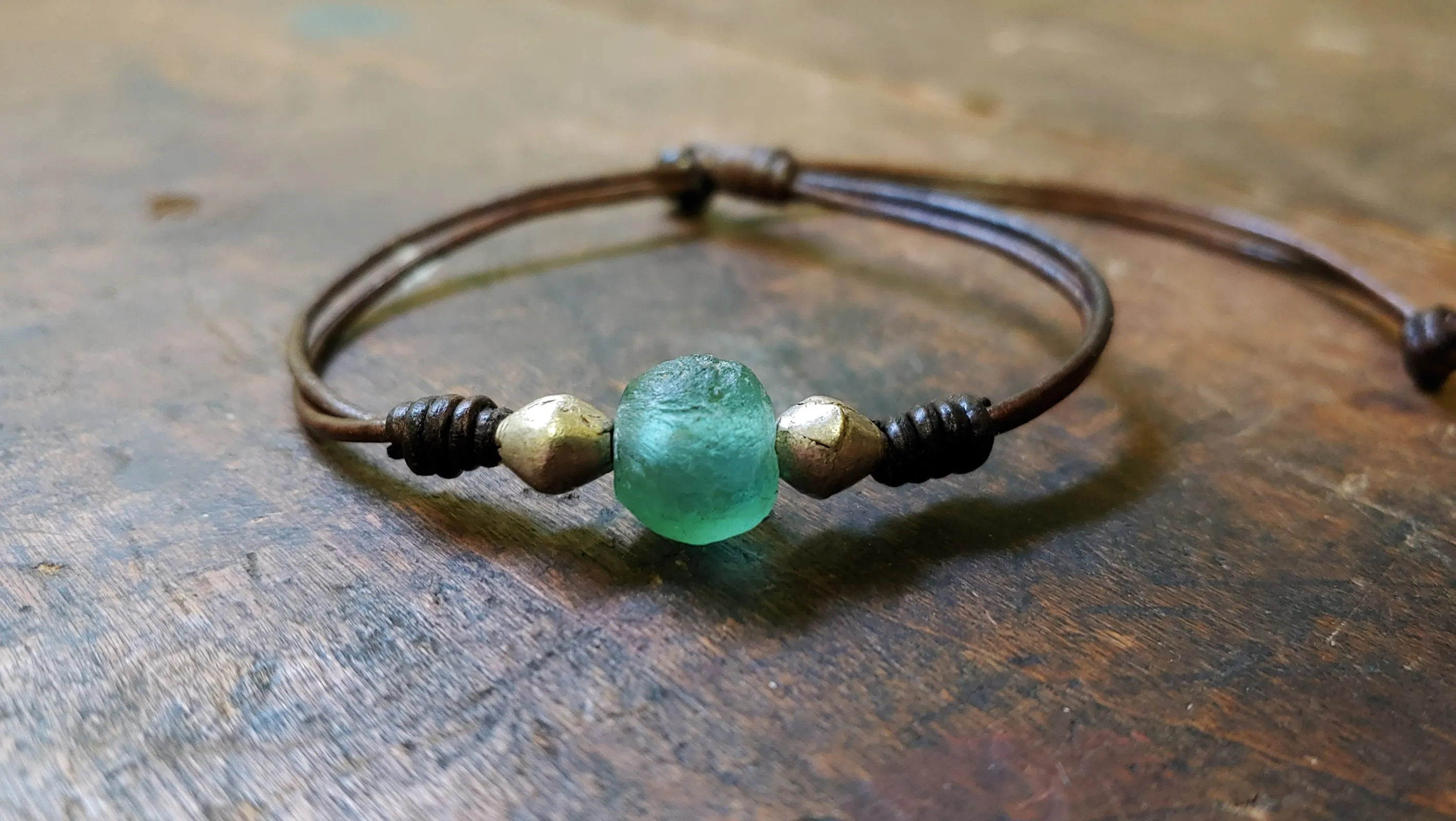Jayla Leather Bracelet, African Recycled Glass & Mala Bead Bracelet