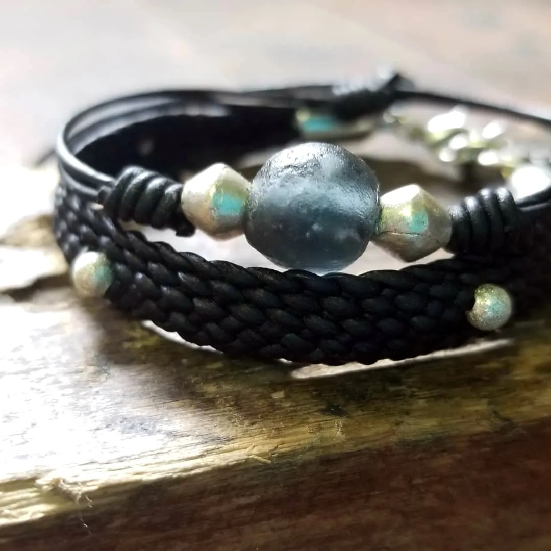 Jayla Leather Bracelet, African Recycled Glass & Mala Bead Bracelet