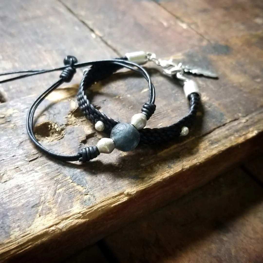 Jayla Leather Bracelet, African Recycled Glass & Mala Bead Bracelet