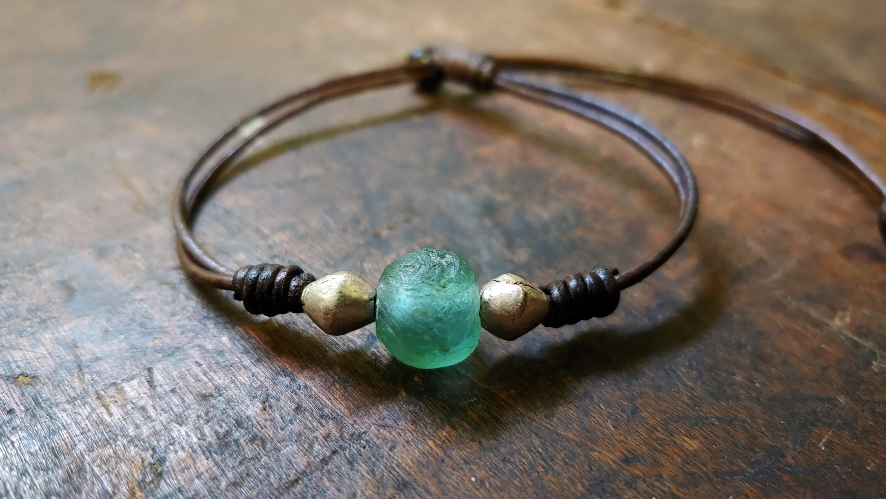 Jayla Leather Bracelet, African Recycled Glass & Mala Bead Bracelet