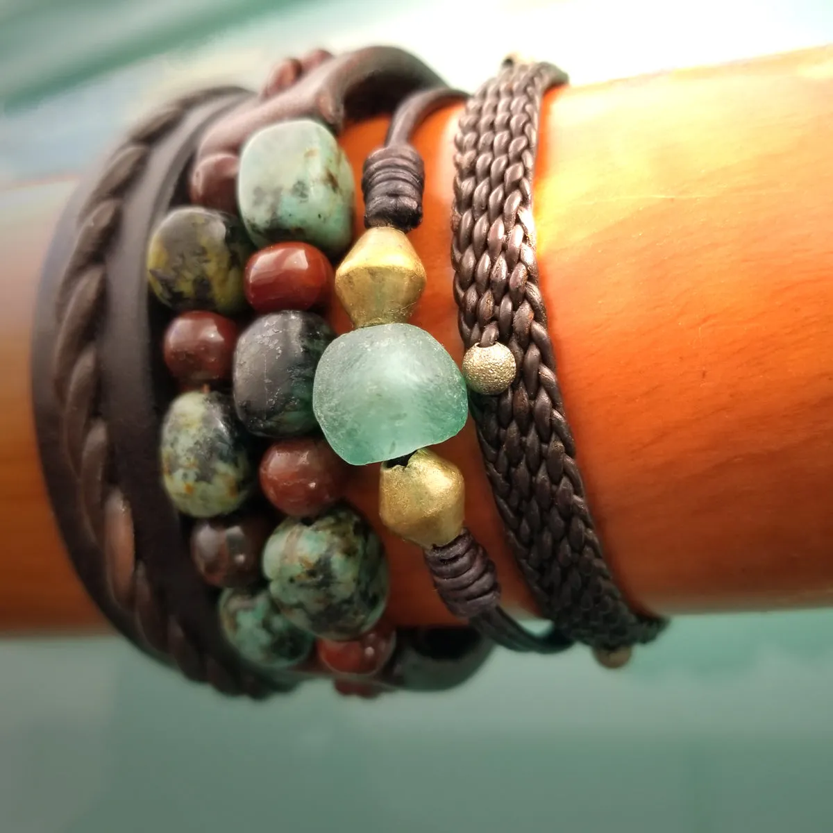 Jayla Leather Bracelet, African Recycled Glass & Mala Bead Bracelet