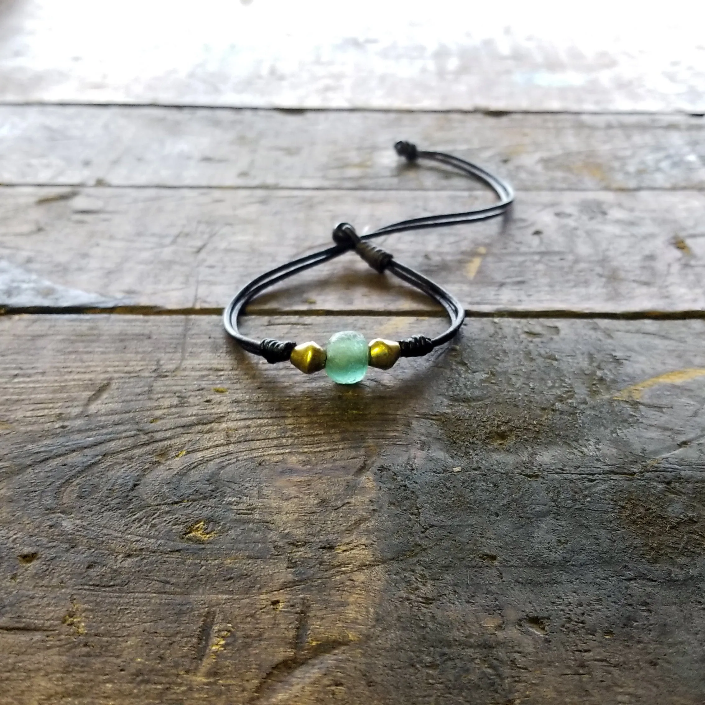 Jayla Leather Bracelet, African Recycled Glass & Mala Bead Bracelet