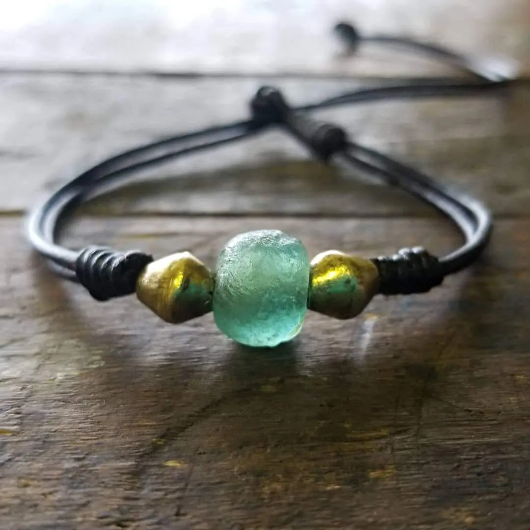 Jayla Leather Bracelet, African Recycled Glass & Mala Bead Bracelet