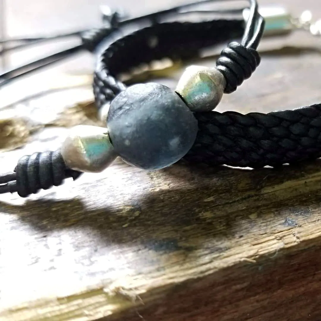 Jayla Leather Bracelet, African Recycled Glass & Mala Bead Bracelet