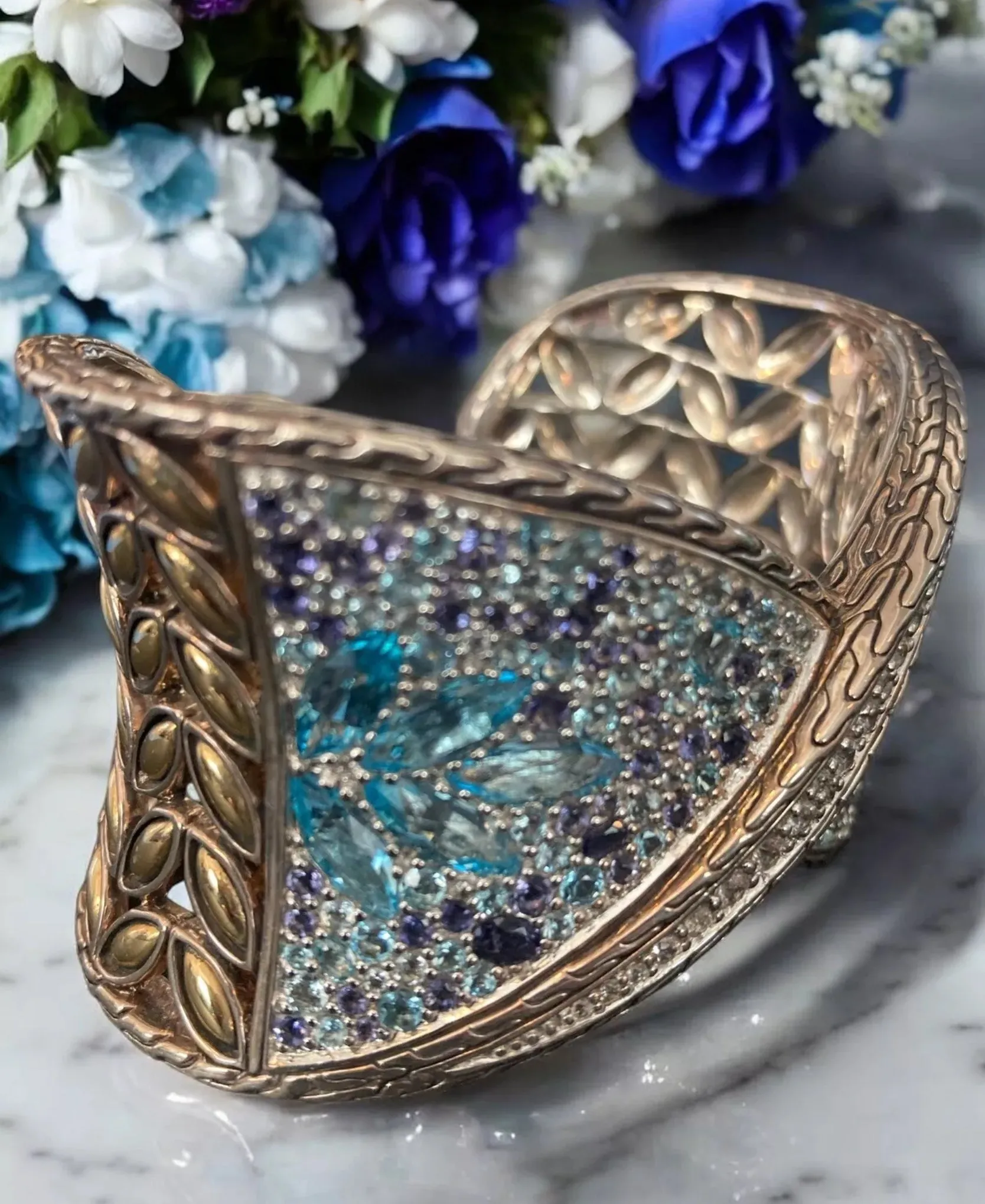 John Hardy 18K Sterling Cuff Bracelet Sapphire Topaz Iolite Aquamarine Batu