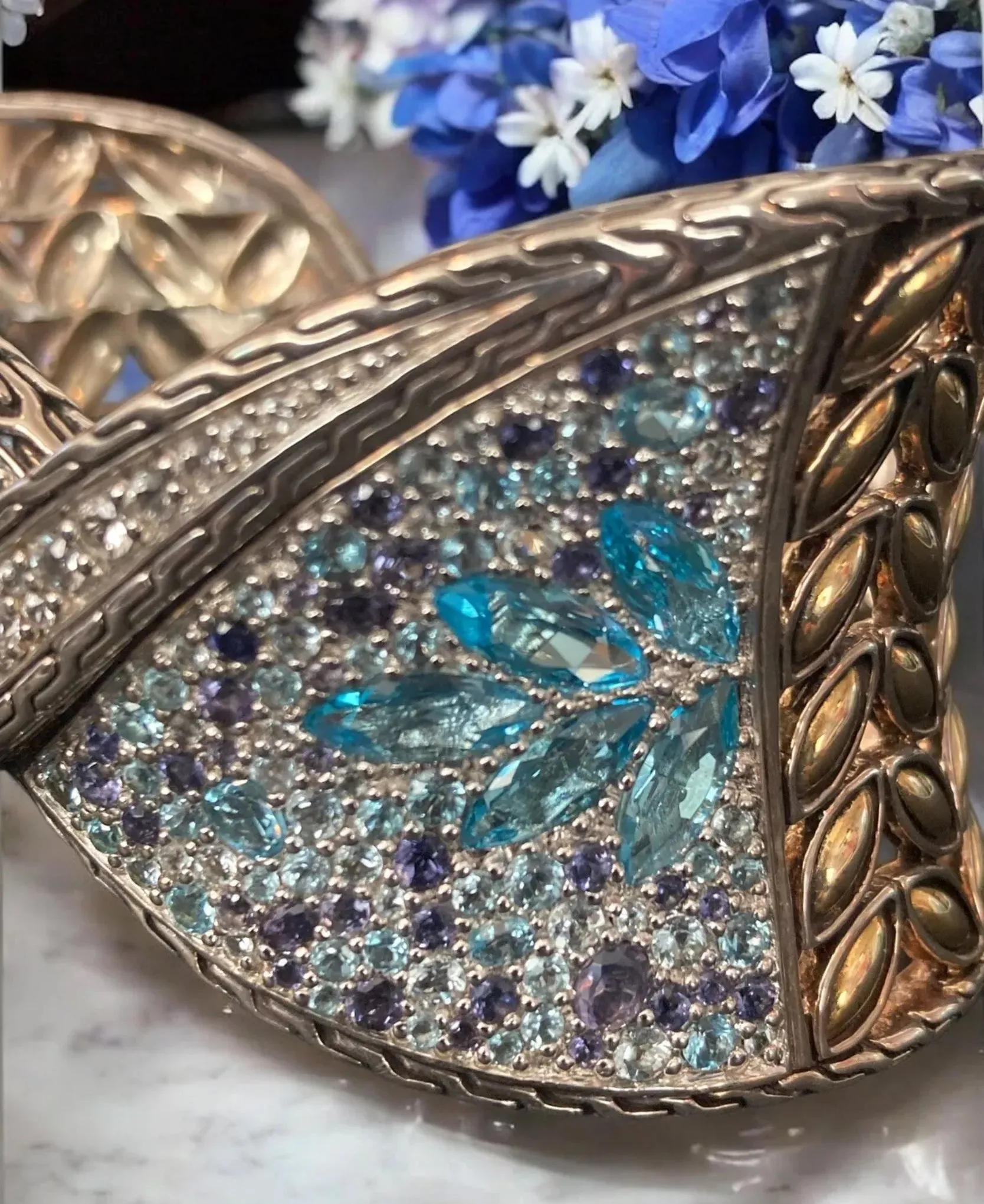 John Hardy 18K Sterling Cuff Bracelet Sapphire Topaz Iolite Aquamarine Batu