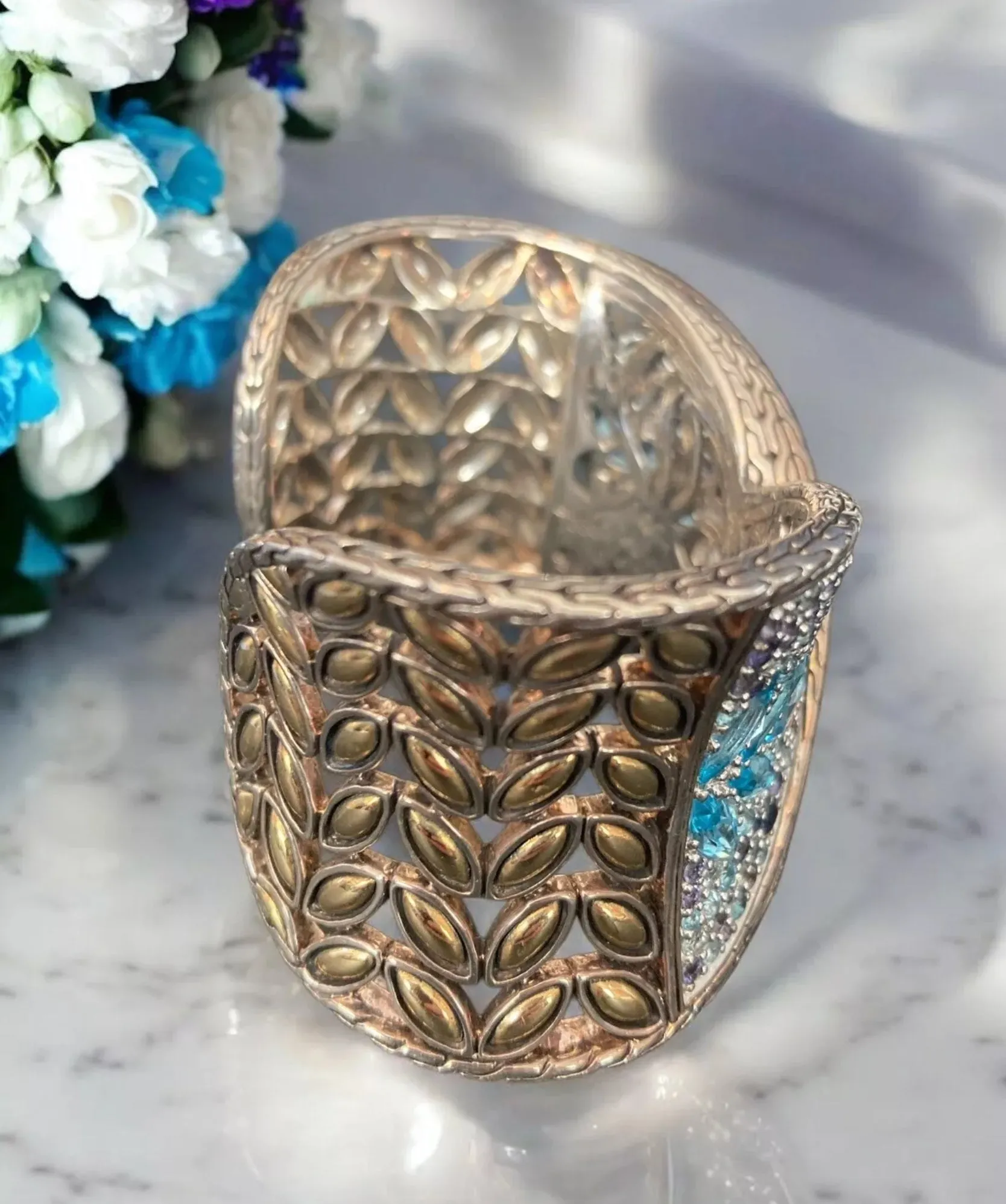 John Hardy 18K Sterling Cuff Bracelet Sapphire Topaz Iolite Aquamarine Batu