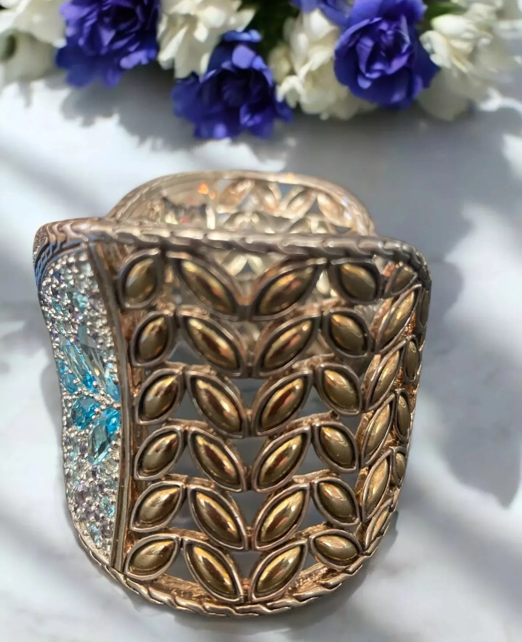 John Hardy 18K Sterling Cuff Bracelet Sapphire Topaz Iolite Aquamarine Batu