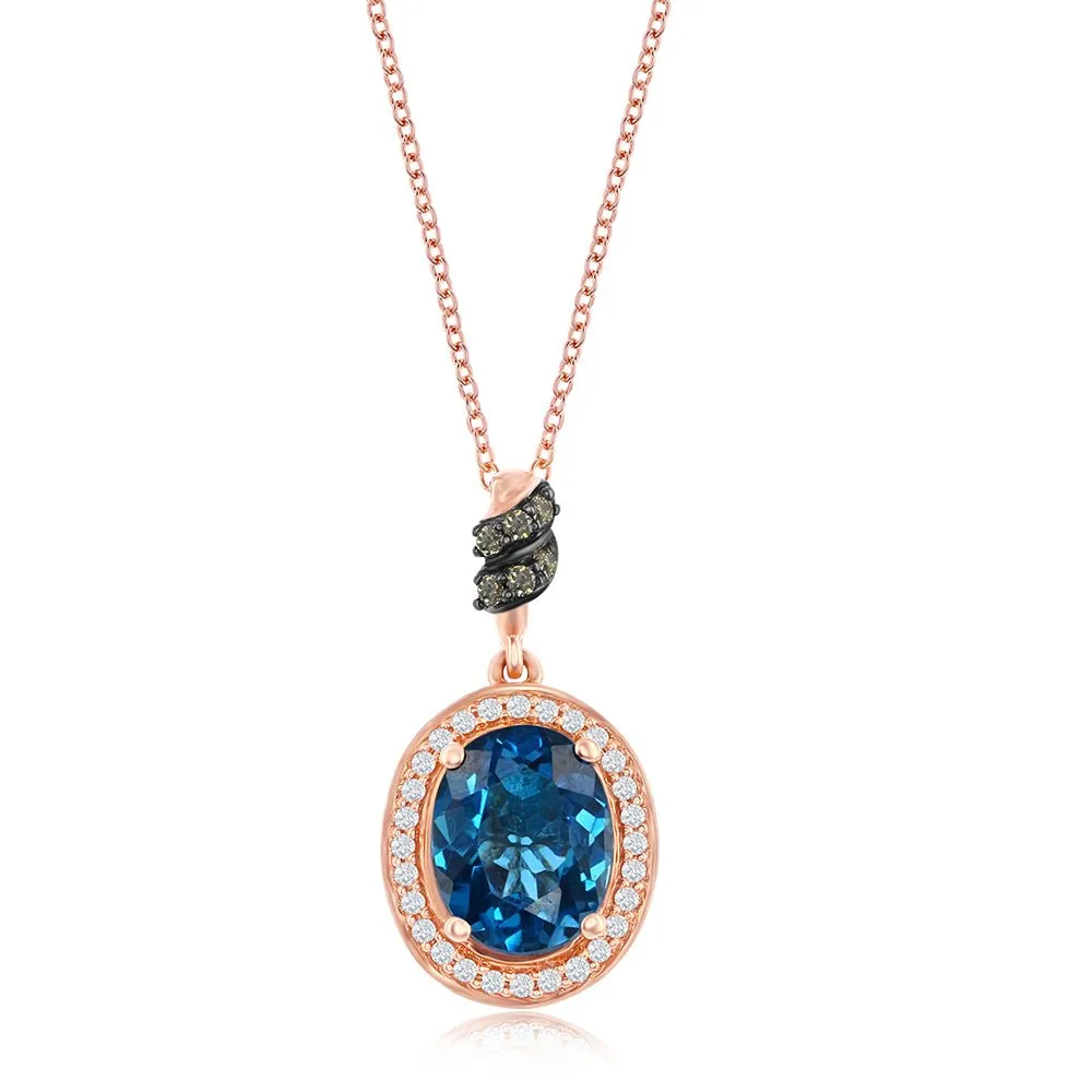 Le Vian Oval Deep Sea Blue Topaz Chocolate & Vanilla Diamond Halo Pendant