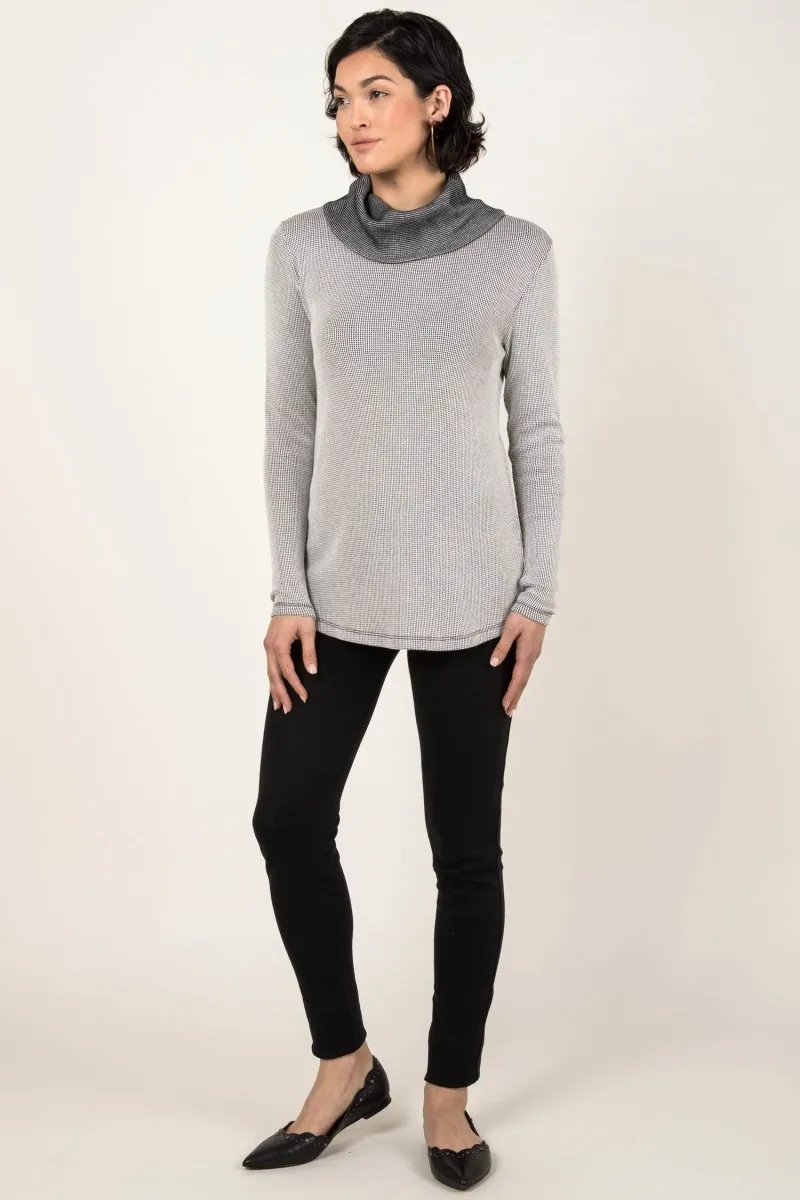 Lightweight Waffle Cowl Pullover in Black/Ivory