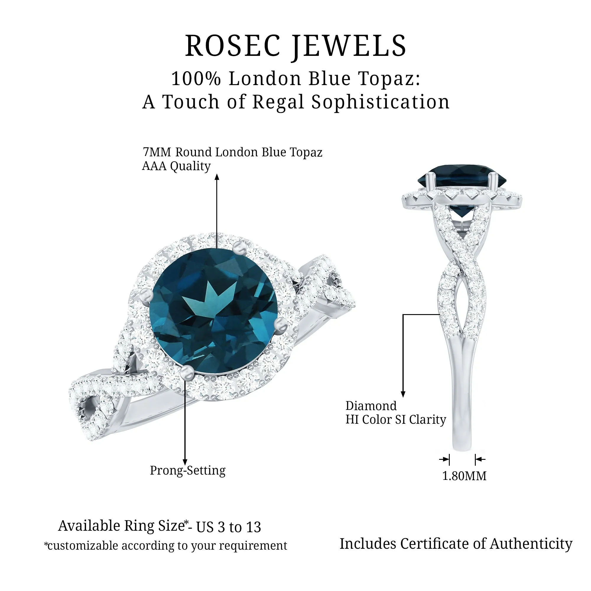 London Blue Topaz Crossover Ring with Diamond Halo