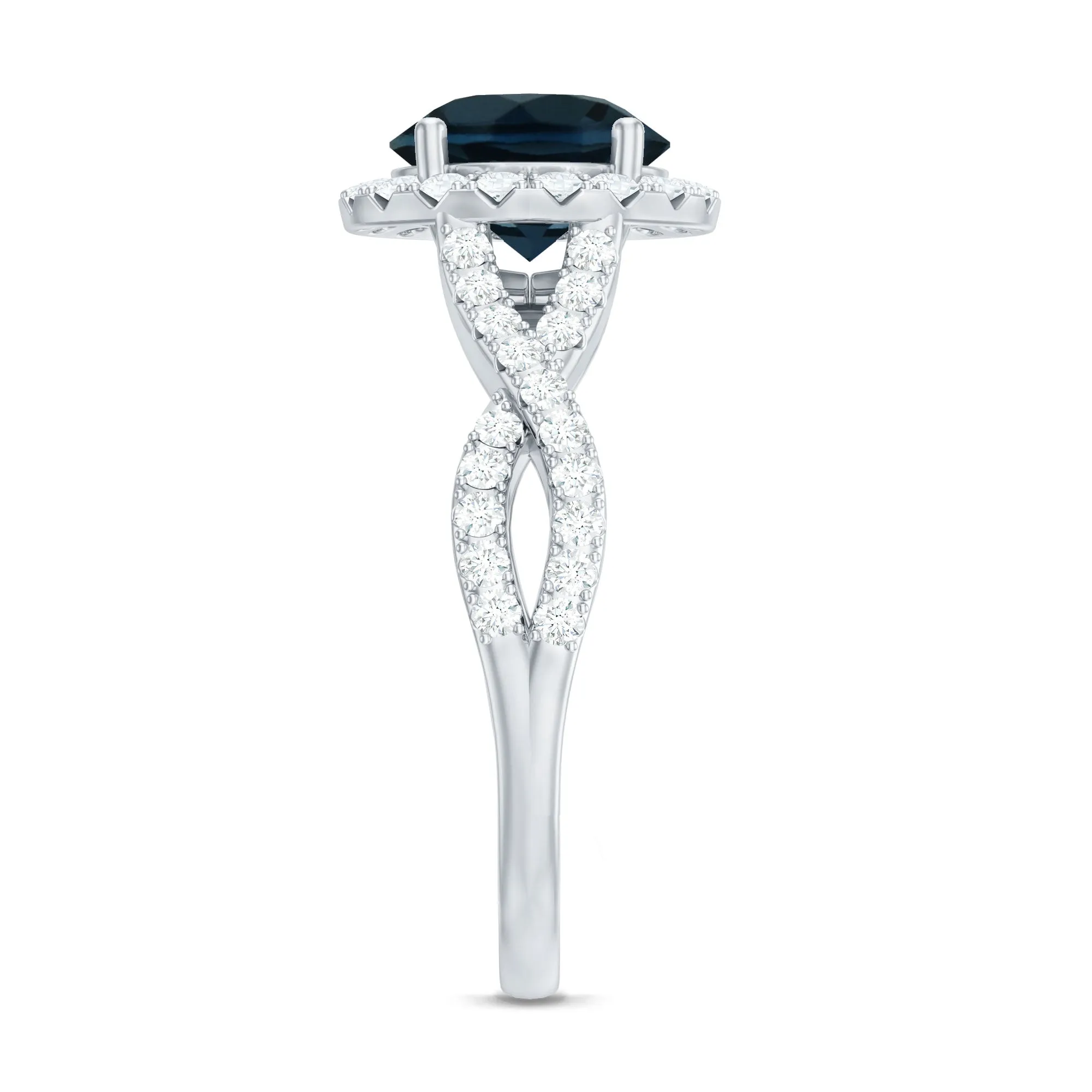London Blue Topaz Crossover Ring with Diamond Halo