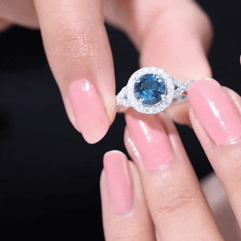 London Blue Topaz Crossover Ring with Diamond Halo
