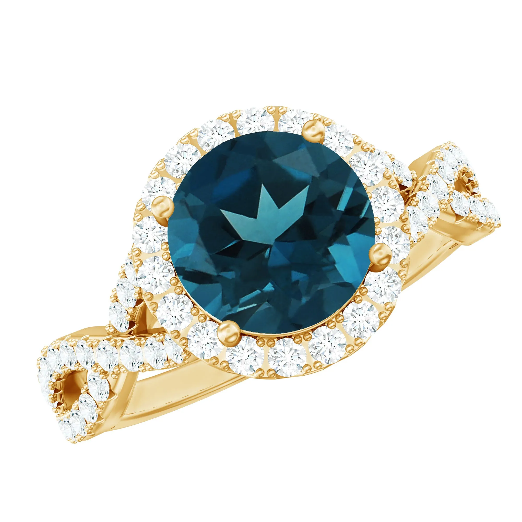 London Blue Topaz Crossover Ring with Diamond Halo