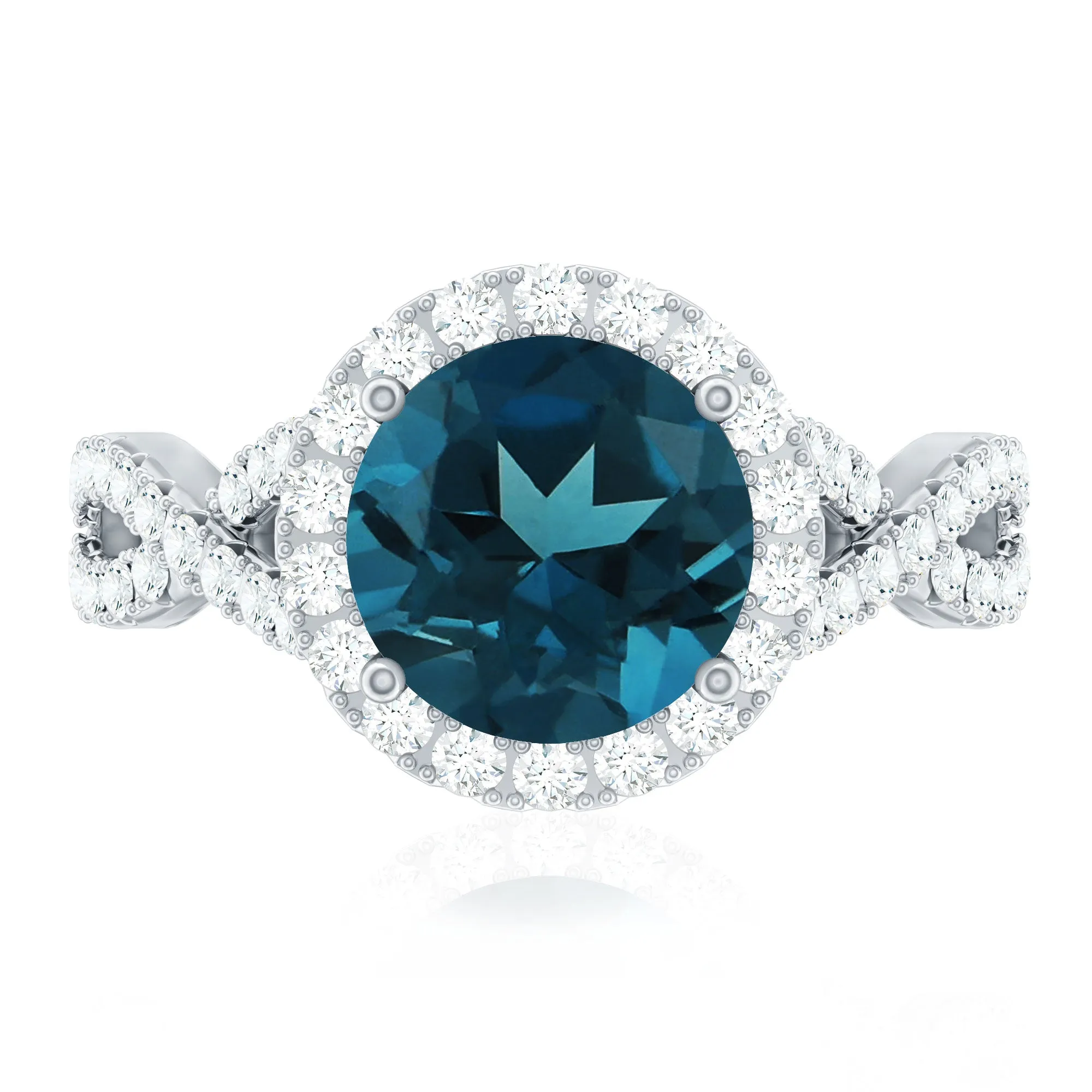 London Blue Topaz Crossover Ring with Diamond Halo