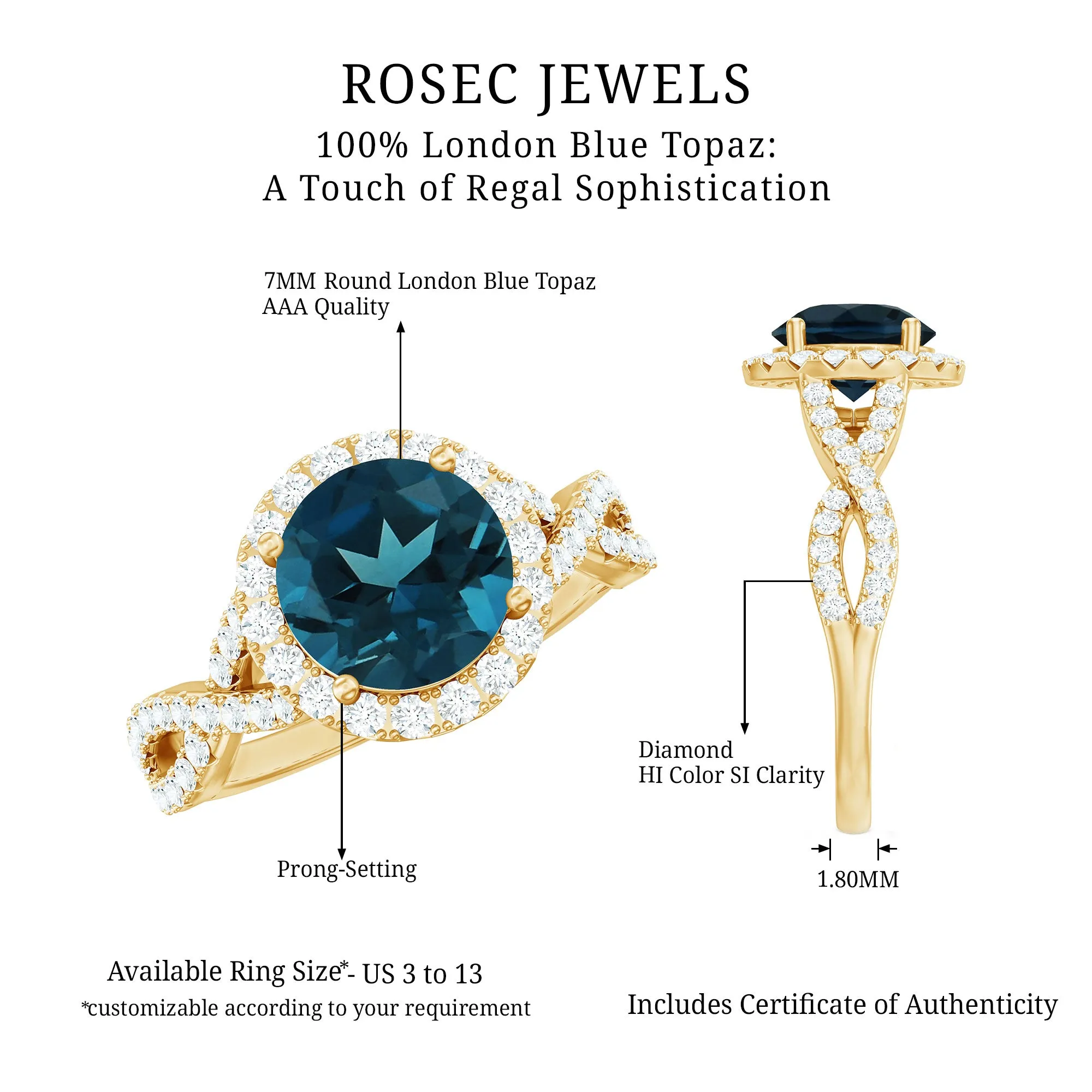 London Blue Topaz Crossover Ring with Diamond Halo