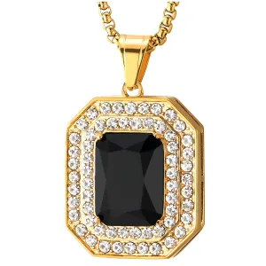 Men Women Steel Gold Color Rectangle Medal Pendant Necklace with Black Onyx and Cubic Zirconia