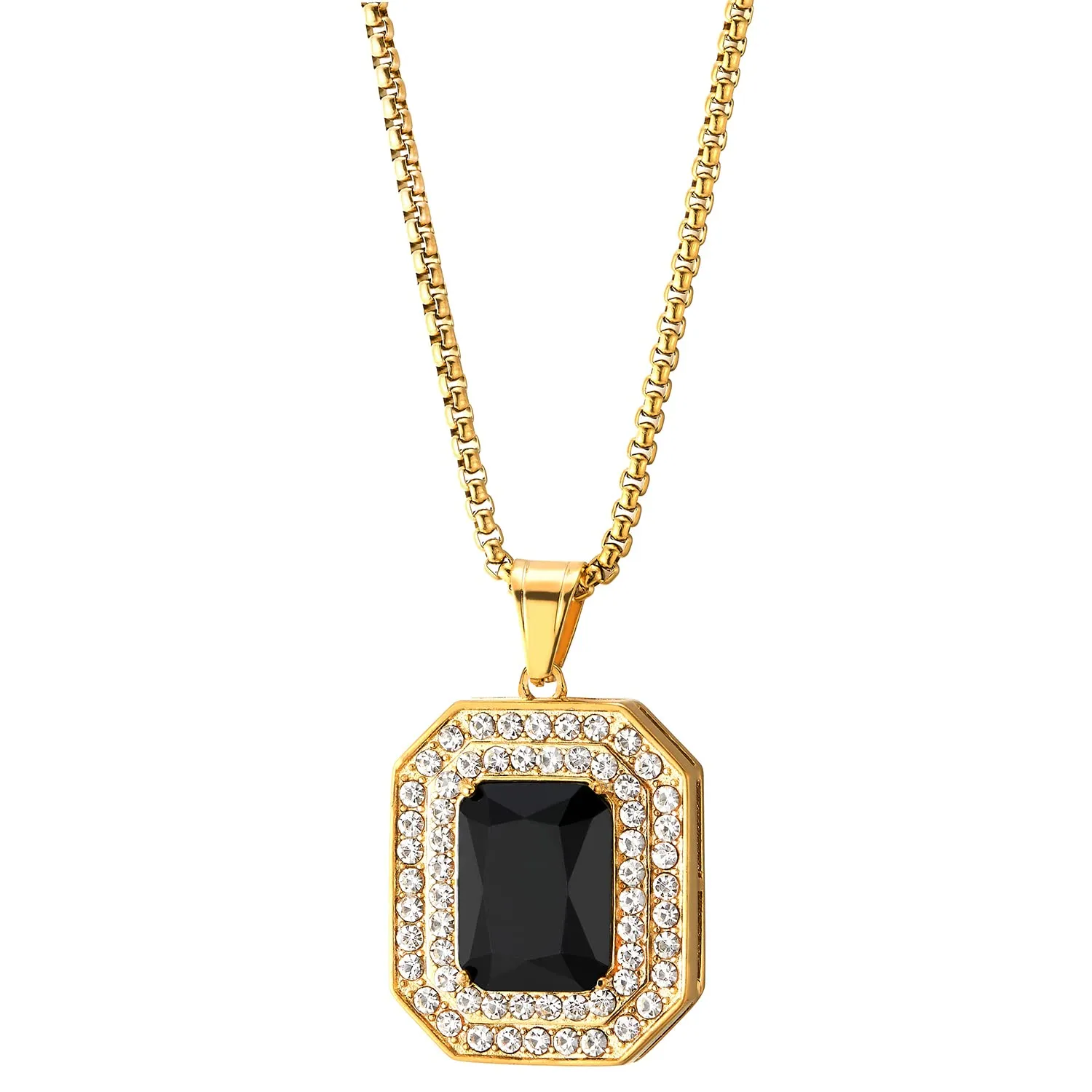 Men Women Steel Gold Color Rectangle Medal Pendant Necklace with Black Onyx and Cubic Zirconia