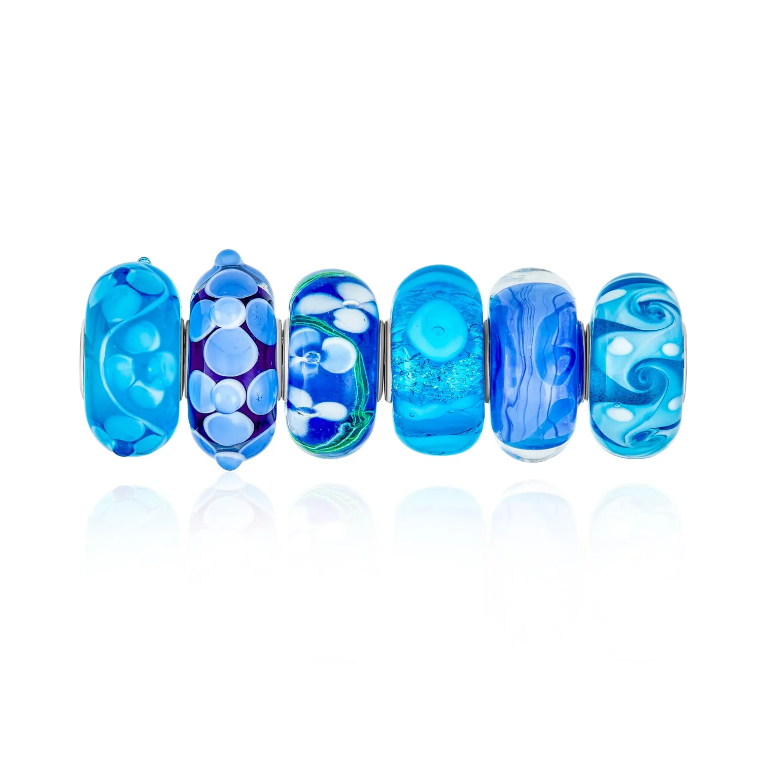 Mixed Set of 6 Sterling Silver Core Blue Murano Glass Charm Beads for Bracelet