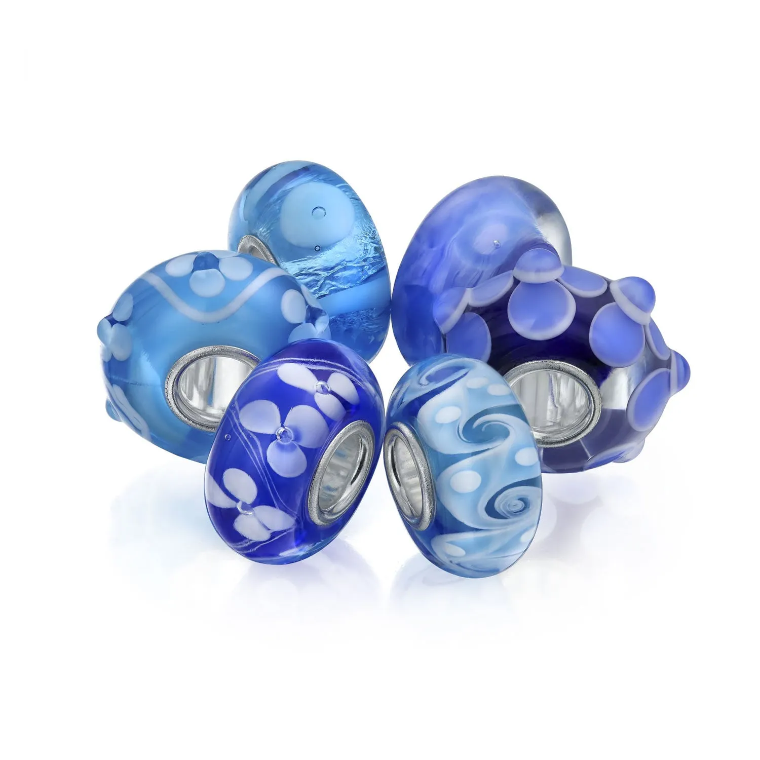 Mixed Set of 6 Sterling Silver Core Blue Murano Glass Charm Beads for Bracelet