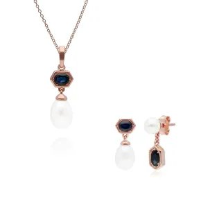 Moderne Perle & Saphir Ring & Anhänger Satz in Rose Vergoldetem Sterling Silber