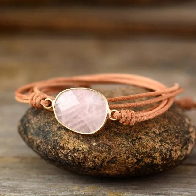 Natural Rose Quartz Charm Leather Wrap Bracelet