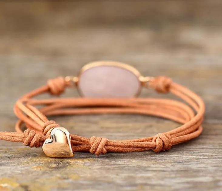 Natural Rose Quartz Charm Leather Wrap Bracelet