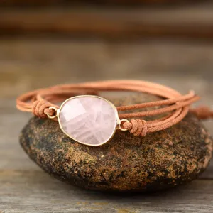 Natural Rose Quartz Charm Leather Wrap Bracelet