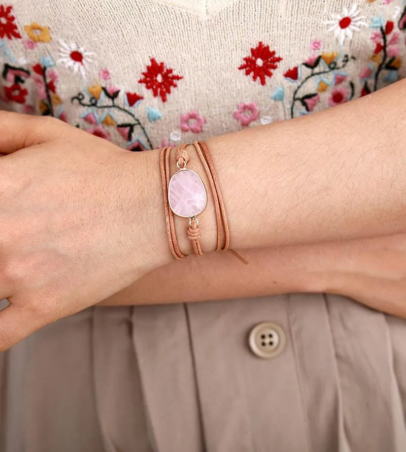 Natural Rose Quartz Charm Leather Wrap Bracelet