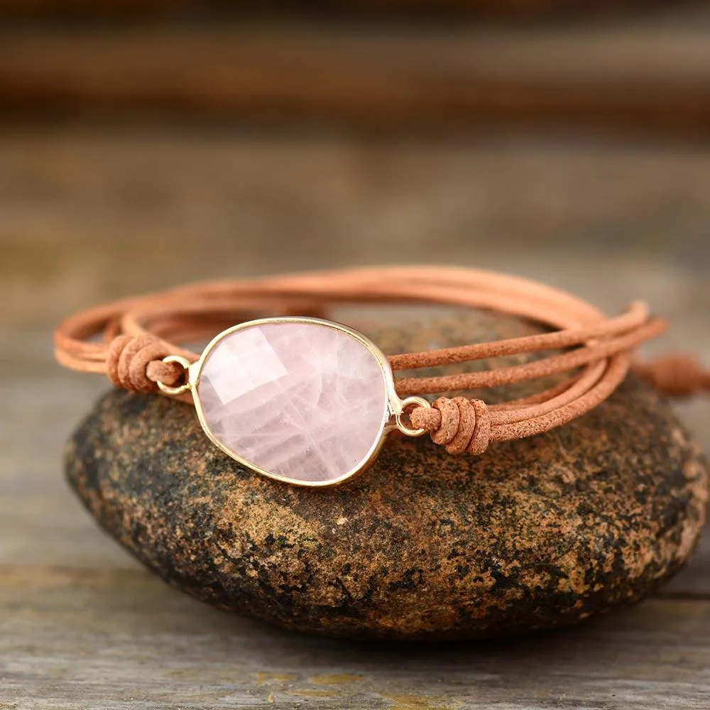 Natural Rose Quartz Charm Leather Wrap Bracelet